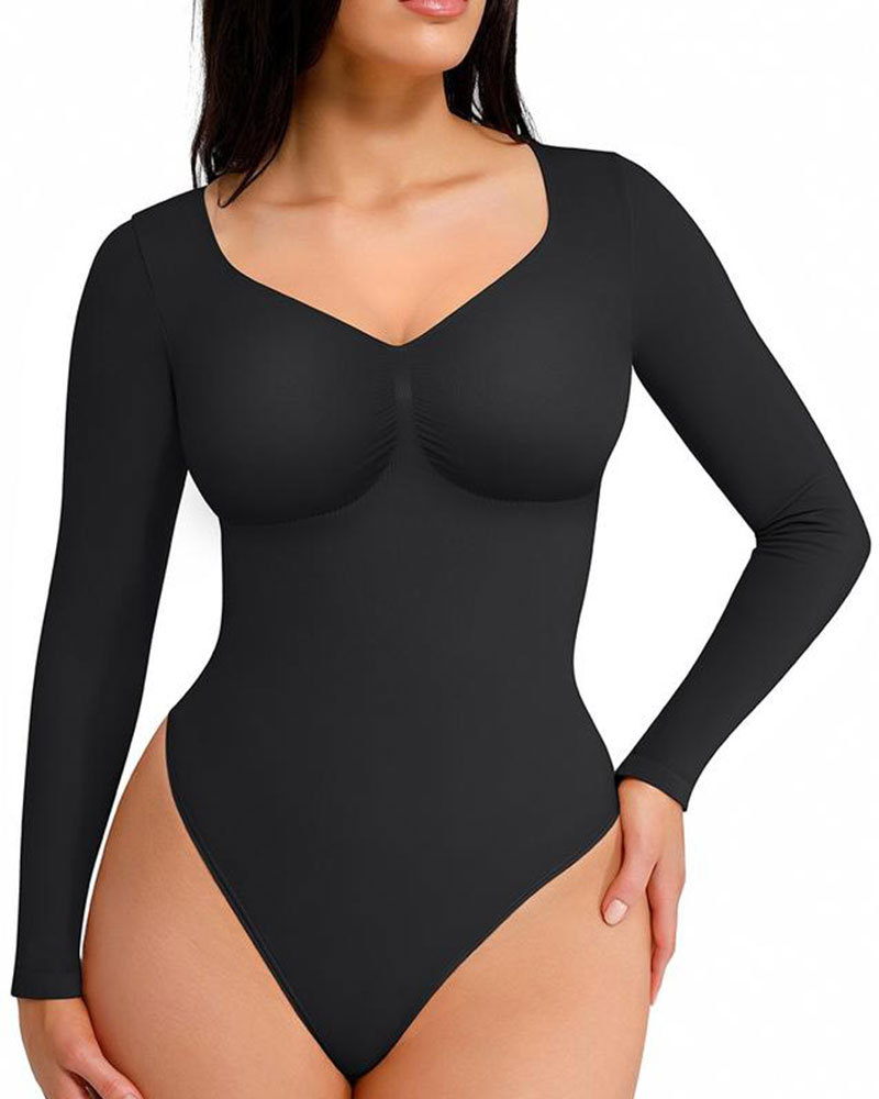 Vibecurve® Womenswear Seamless Sculpt Long Sleeve Thong Bodysuit for Tummy Control