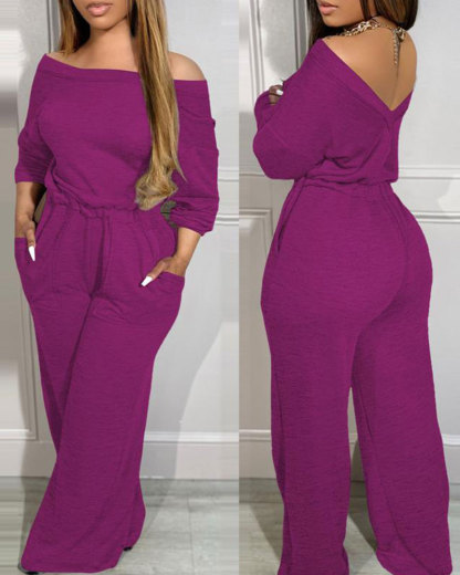Vibecurve® Off Shoulder V-Back Stretchy Waist Pocket Design Jumpsuit