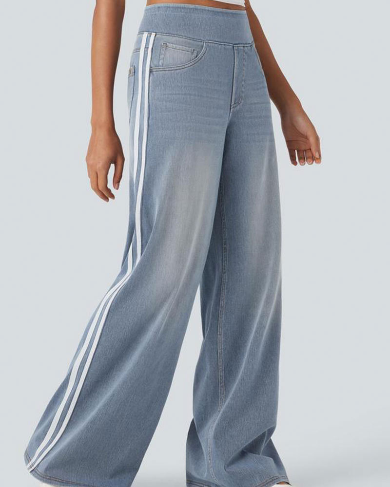 Vibecurve® High Waisted Stripe Wide Leg Flowy Washed Casual Jeans with Pockets