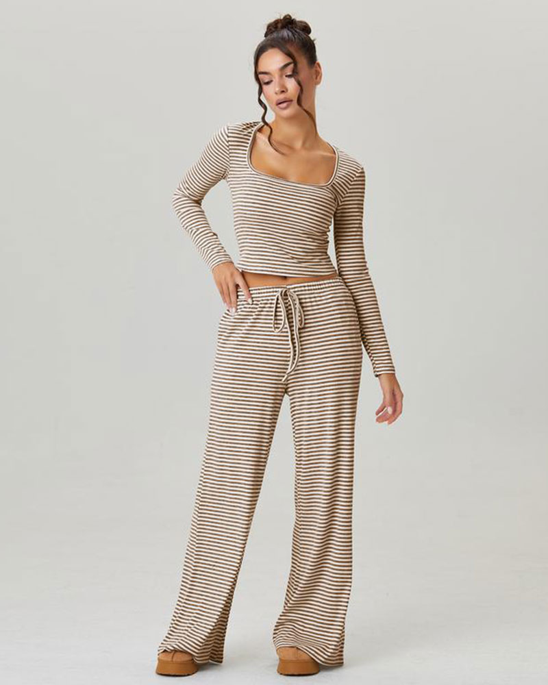 Vibecurve® Slouchy Square Neck Stripe Long Sleeve Crop Top & Low-Rise Wide Leg Trousers Co-ord