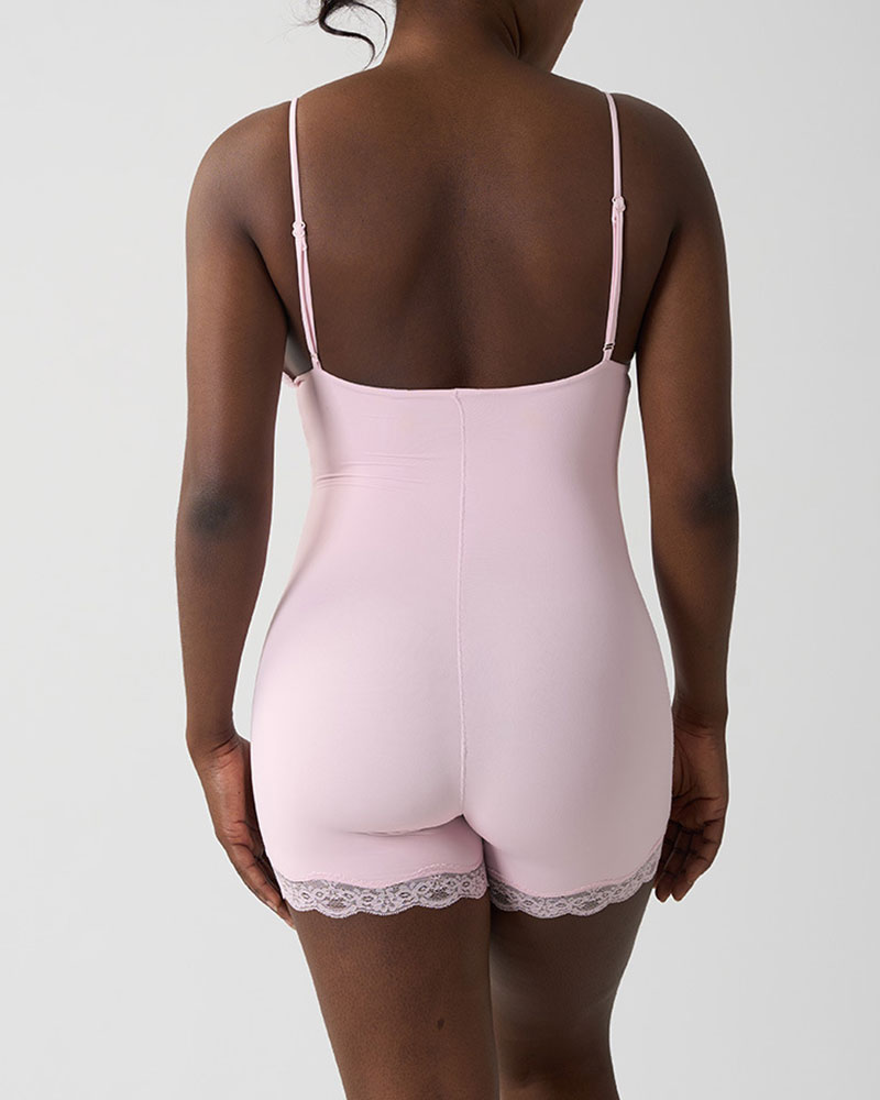 Vibecurve® Lace Trimmed Spaghetti Straps Bodysuit