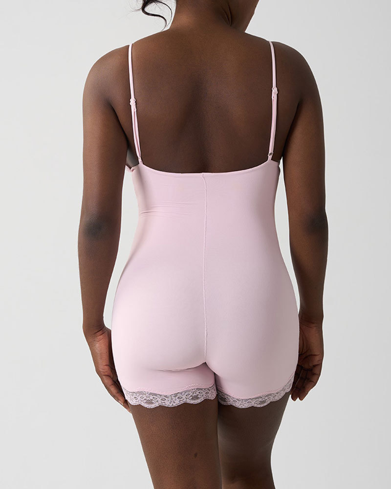 Vibecurve® Lace Trimmed Spaghetti Straps Bodysuit