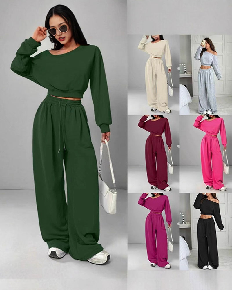 Vibecurve® Leisure Solid Color Sloping Shoulder Long Sleeve Top & Wide Leg Trousers Co-ord