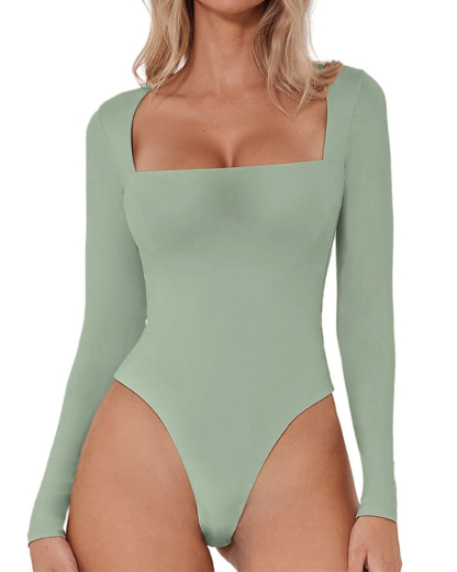 Vibecurve® Bodysuit Tops for Women Square Neck Long Sleeve Double Lined T-shirt