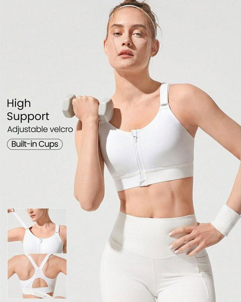 Vibecurve®Adjustable Velcro Strap Sports Bra Quick Dry Foam Cup Mesh Zipper High lmpact Running Jogging Workout Active