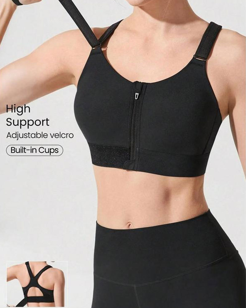 Vibecurve®Adjustable Velcro Strap Sports Bra Quick Dry Foam Cup Mesh Zipper High lmpact Running Jogging Workout Active