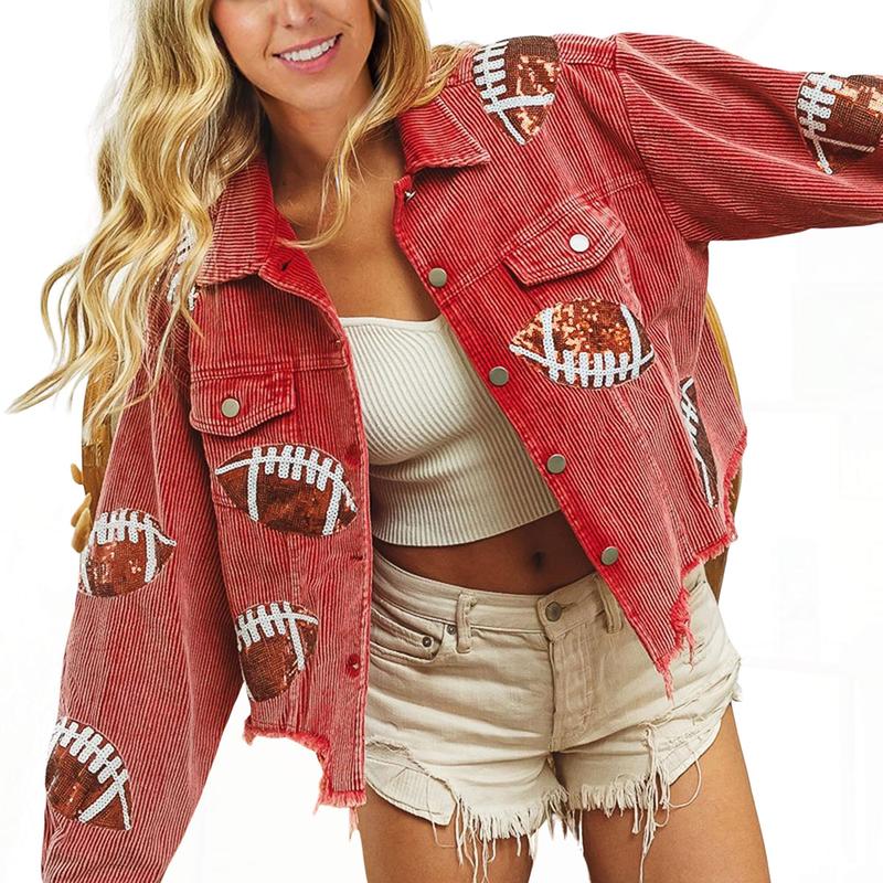 Vibecurve® Game Day Corduroy Sequin Football Cropped Jacket