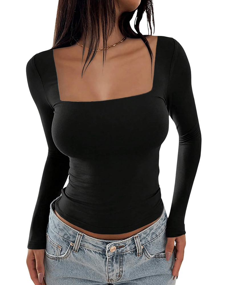 Vibecurve® Women's Square Neck Long Sleeve Tops Women's Double Lined Tops Y2k Casual Solid Color Slim Fit Tops