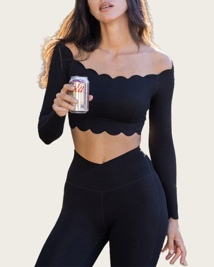 Vibecurve® Lace Off-Shoulder Long-Sleeved Women's Tight-Fitting Comfortable Training Sports Top With Chest Pad