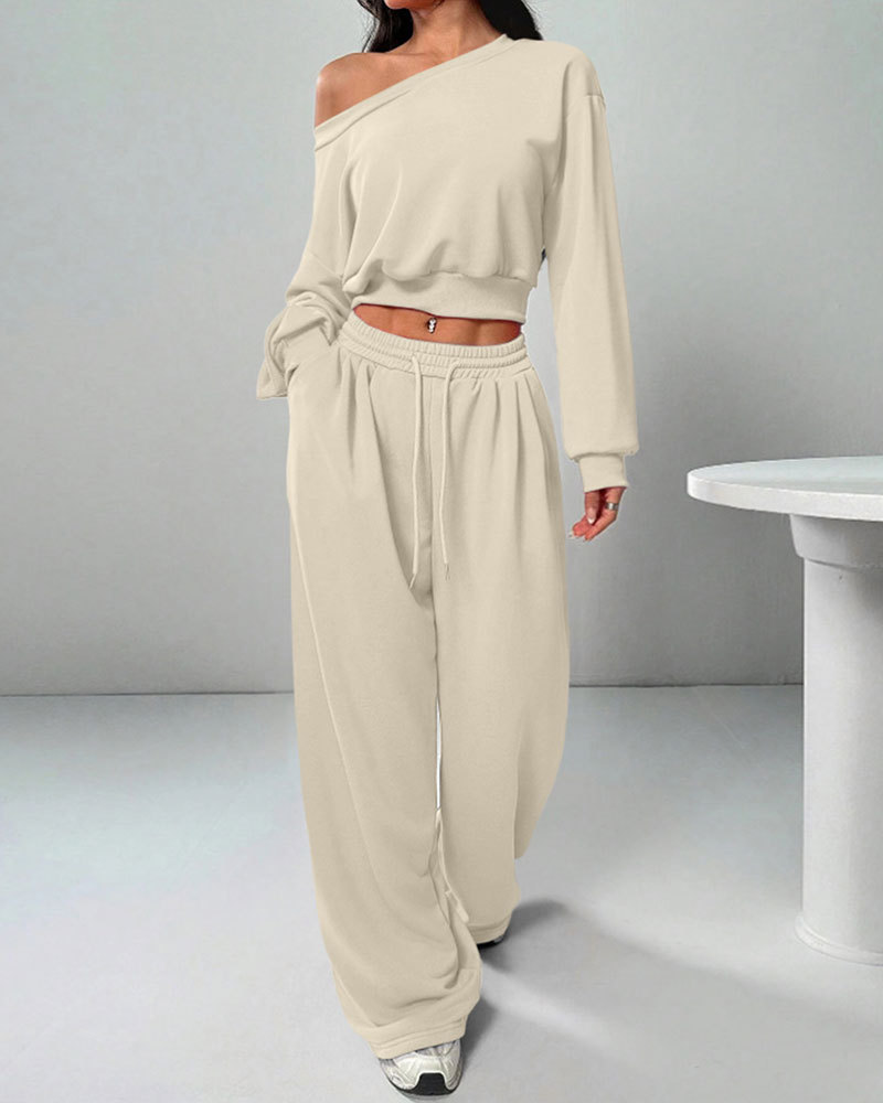 Vibecurve® Leisure Solid Color Sloping Shoulder Long Sleeve Top & Wide Leg Trousers Co-ord