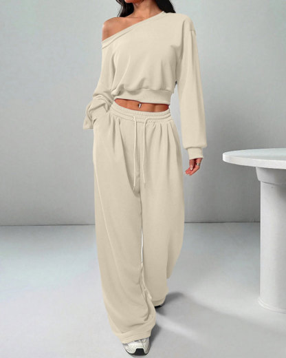 Vibecurve® Leisure Solid Color Sloping Shoulder Long Sleeve Top & Wide Leg Trousers Co-ord