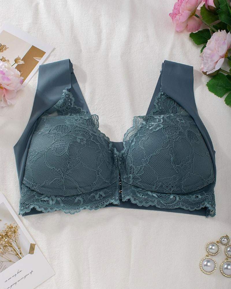 Vibecurve® Women's Contrast Lace Hook & Eye Front PushUp Bra