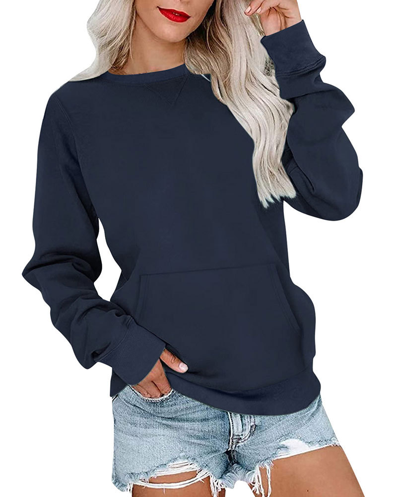 Vibecurve® Women's Crewneck Hoodless Sweatshirt With Kangaroo Pocket