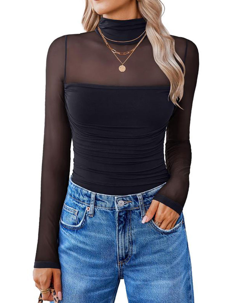 Vibecurve® Long Sleeve Bodysuit Turtle Neck Ruched Mesh Shapewear