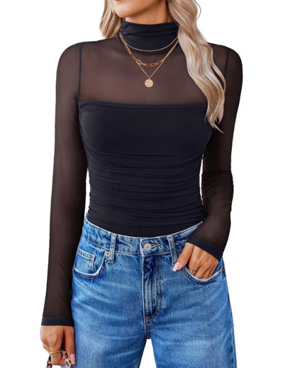 Vibecurve® Long Sleeve Bodysuit Turtle Neck Ruched Mesh Shapewear