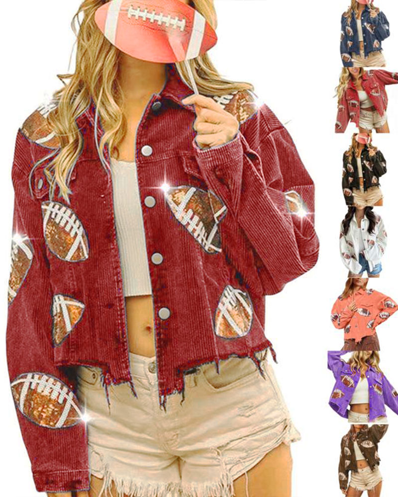 Vibecurve® Game Day Corduroy Sequin Football Cropped Jacket