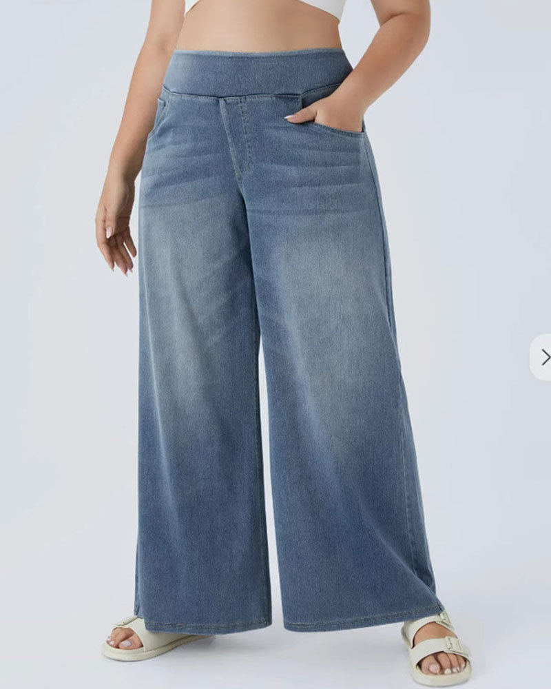 🔥Vibecurve® High Waisted Multiple Pockets Baggy Wide Leg Washed Stretchy Knit Casual Jeans