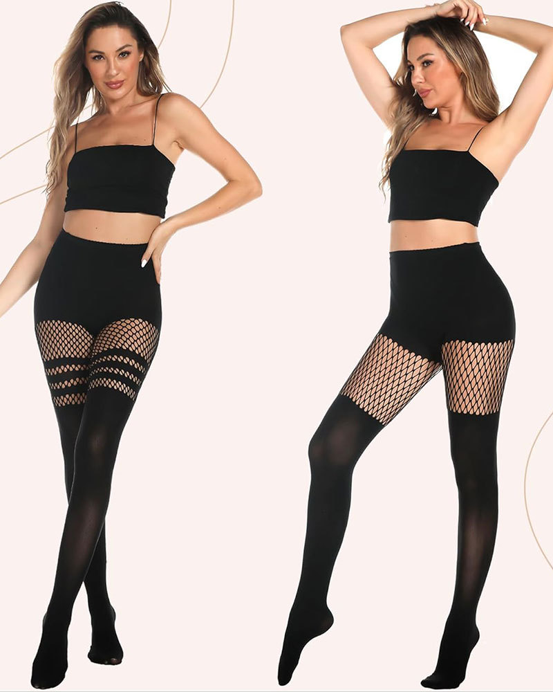 Vibecurve® Womens Faux Thigh High Fishnet Stockings Stitching Opaque Pantyhose Mock Over the Knee Goth Striped Suspender Tights