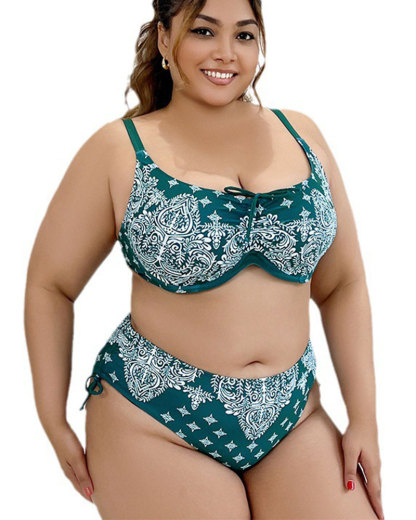 [Copy]Vibecurve®  Plus Size Solid Color Pleat Beach Bra And Floral Print Bikini Set With Cover Up Blue