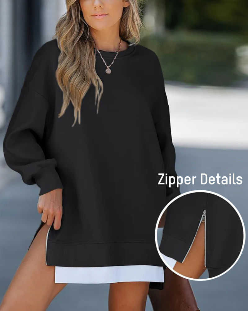 Vibecurve® Casual Long Sleeve Zipper Slit Oversized Sweatshirt