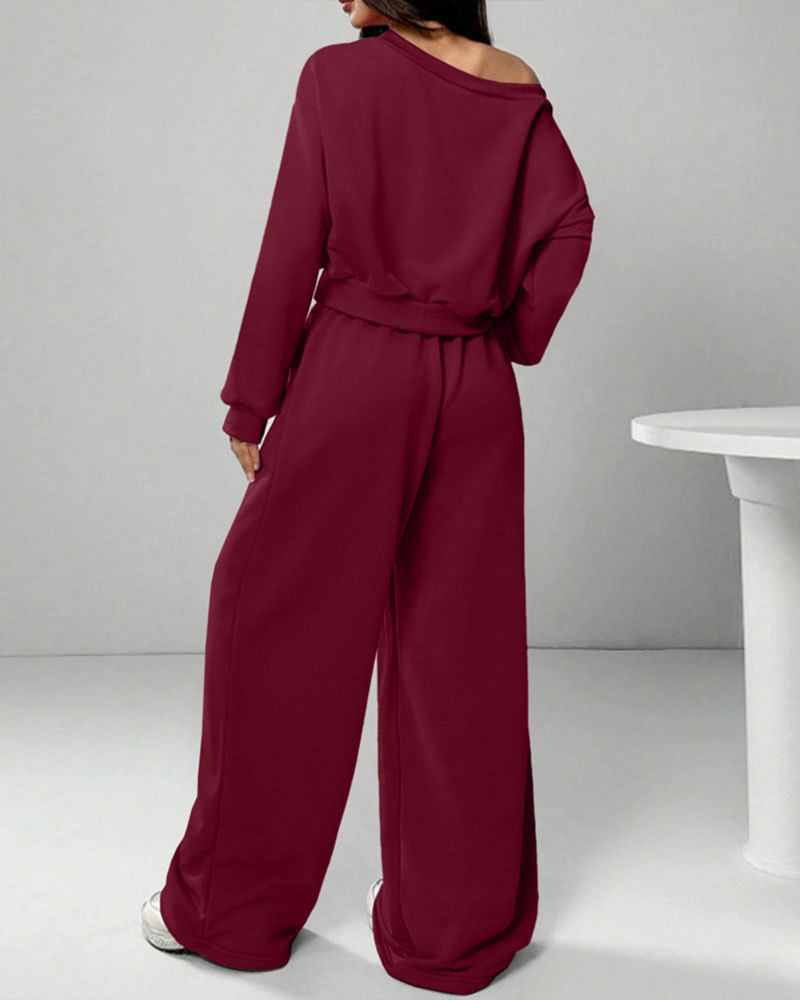 Vibecurve® Leisure Solid Color Sloping Shoulder Long Sleeve Top & Wide Leg Trousers Co-ord