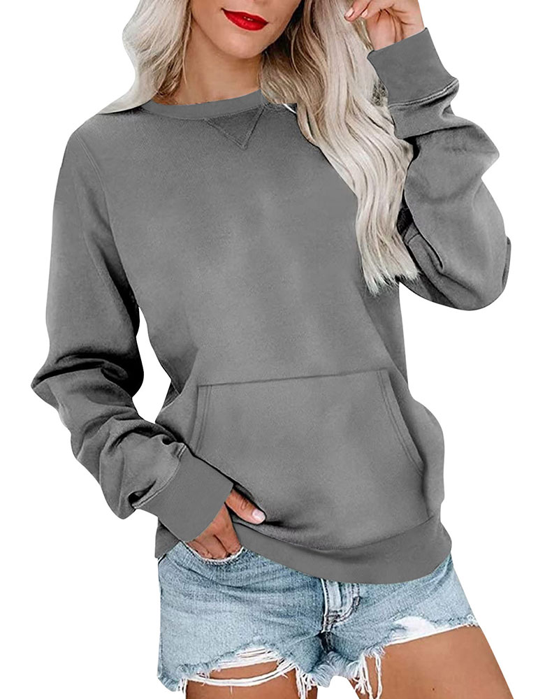 Vibecurve® Women's Crewneck Hoodless Sweatshirt With Kangaroo Pocket