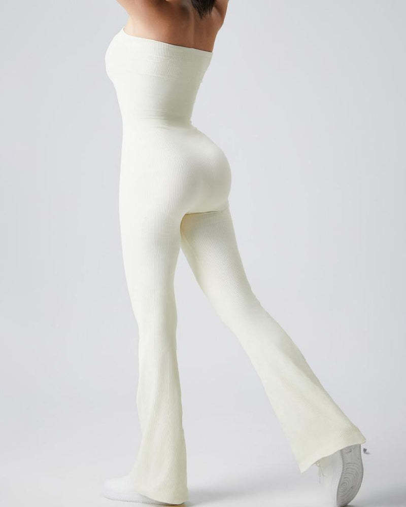 Vibecurve® Women's Ribbed Strapless Tube Top Flared Bottom Yoga Jumpsuit