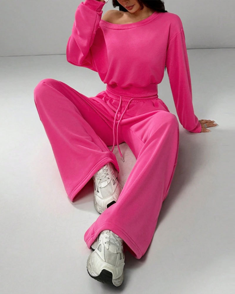 Vibecurve® Leisure Solid Color Sloping Shoulder Long Sleeve Top & Wide Leg Trousers Co-ord