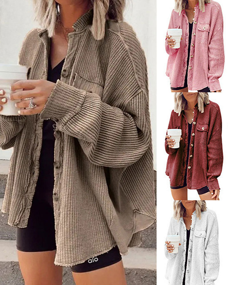 Vibecurve® Loose Fit Batwing Sleeve Waffle Knit Button Down Shirt Shacket Tops