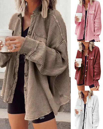 Vibecurve® Loose Fit Batwing Sleeve Waffle Knit Button Down Shirt Shacket Tops