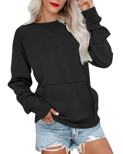Vibecurve® Women's Crewneck Hoodless Sweatshirt With Kangaroo Pocket