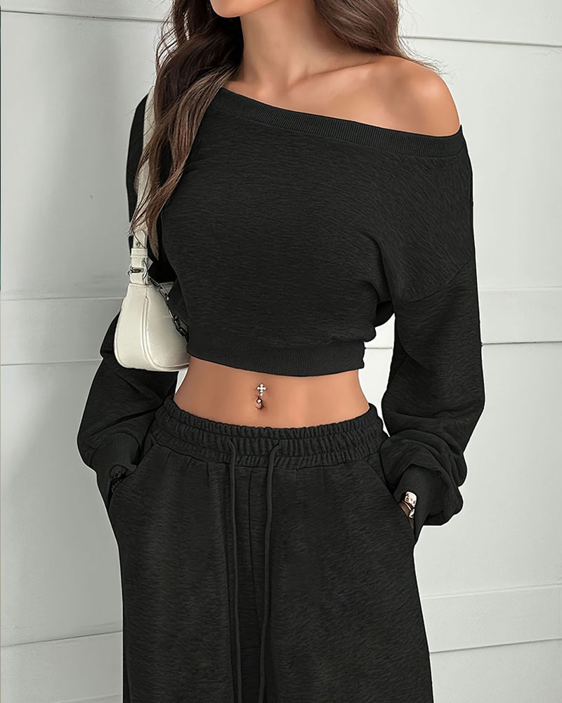 Vibecurve® Leisure Solid Color Sloping Shoulder Long Sleeve Top & Wide Leg Trousers Co-ord