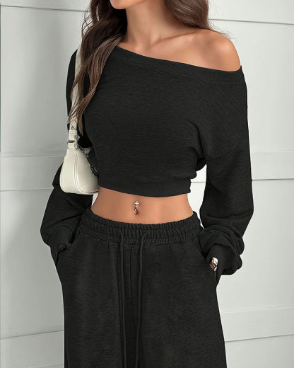 Vibecurve® Leisure Solid Color Sloping Shoulder Long Sleeve Top & Wide Leg Trousers Co-ord