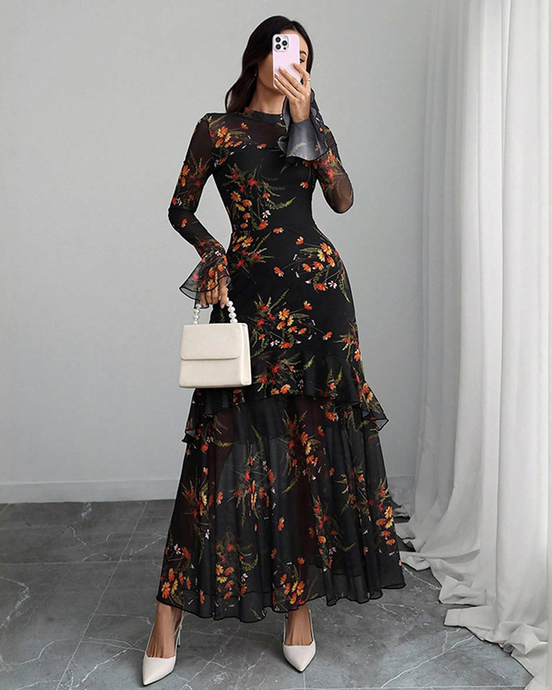 Vibecurve® Floral Print Dress, Elegant Gothic Long Sleeve Dress for Party