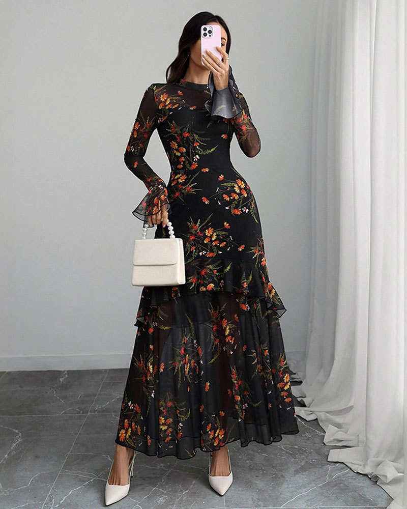 Vibecurve® Floral Print Dress, Elegant Gothic Long Sleeve Dress for Party