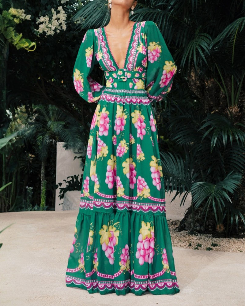 Vibecurve® Long-sleeved Retro Green Grapes Print One Piece Swimsuit and Skirt