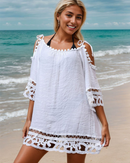 Vibecurve® Hollow Lace Sexy Solid Color Beach Dress Sun Protection Clothing Swimsuit Blouse