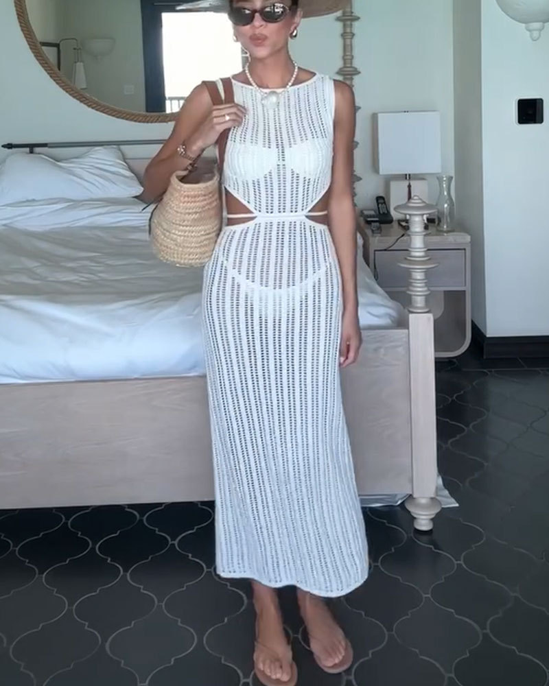 Vibecurve® Crochet Cut Out Waist Covered Stretch Maxi Dress