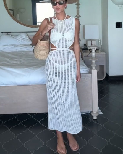 Vibecurve® Crochet Cut Out Waist Covered Stretch Maxi Dress