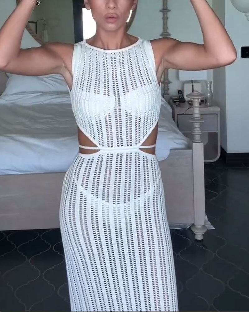 Vibecurve® Crochet Cut Out Waist Covered Stretch Maxi Dress