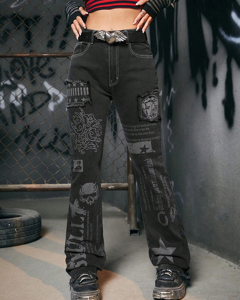 Vibecurve® Grunge Punk Skull & Letter Graphic Jeans Without Belt, Scho