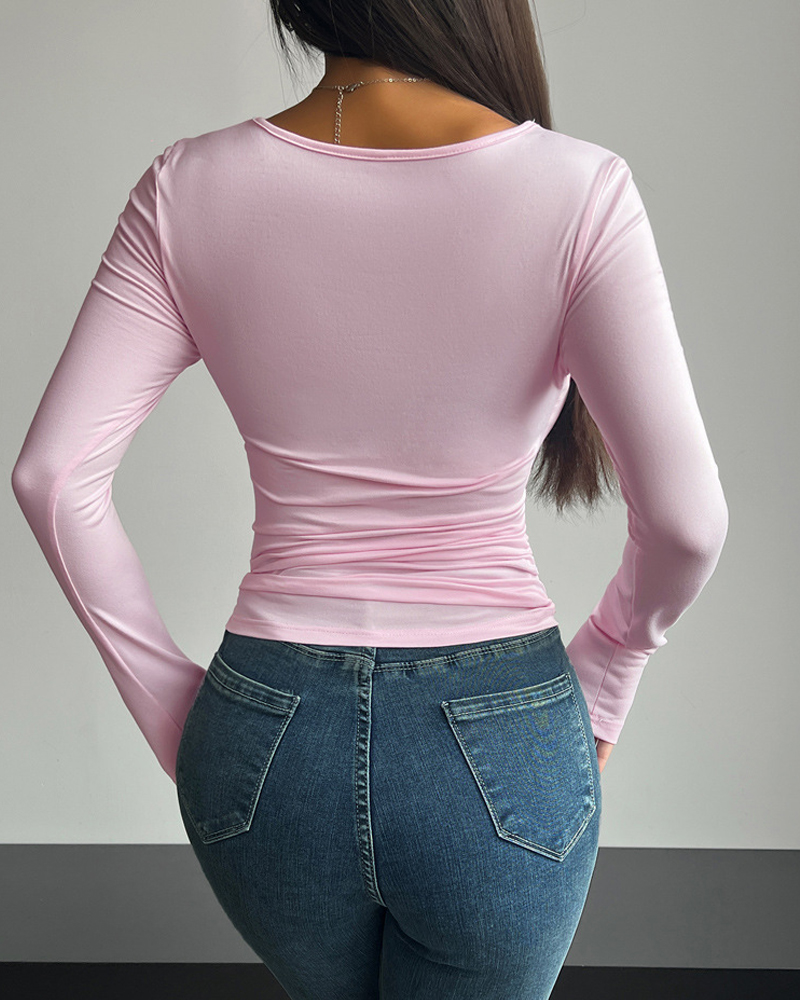 Vibecurve® Women's Square Neck Long Sleeve Tops Women's Double Lined Tops Y2k Casual Solid Color Slim Fit Tops