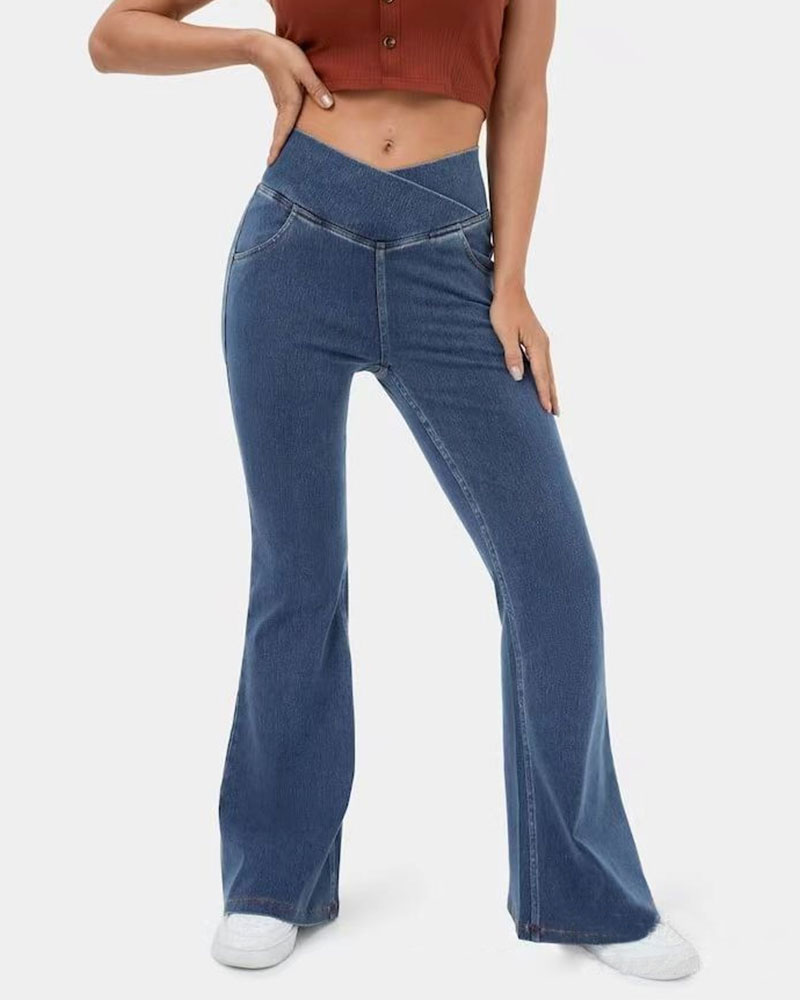 Vibecurve® High Waisted Crossover Pocket Washed Stretchy Knit Casual Super Flare Jeans