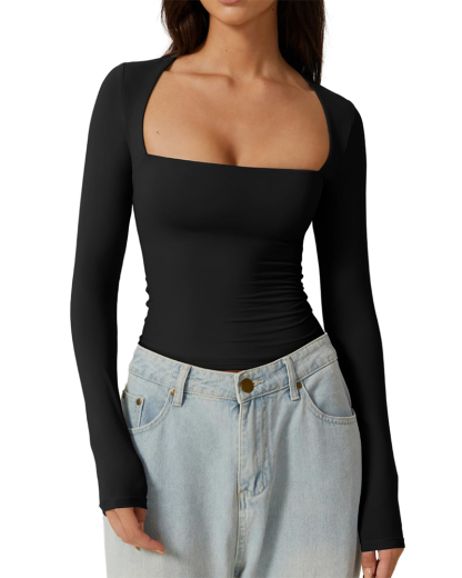 Vibecurve® Long Sleeve Square Neck T-Shirt Top