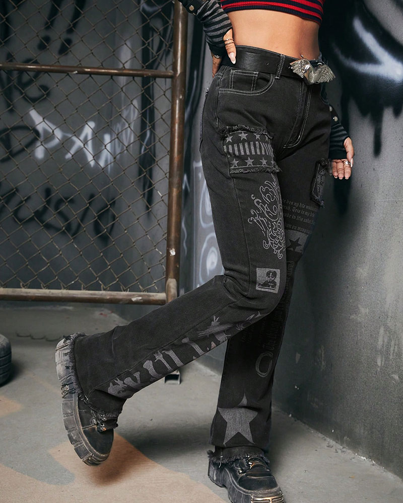 Vibecurve® Grunge Punk Skull & Letter Graphic Jeans Without Belt, School