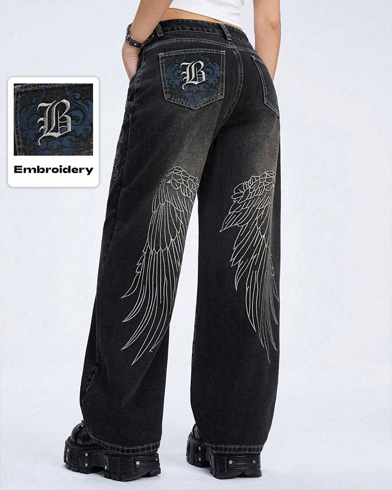 Vibecurve® Grunge Punk Denim Boyfriend Low-Rise Wide-Leg Jeans