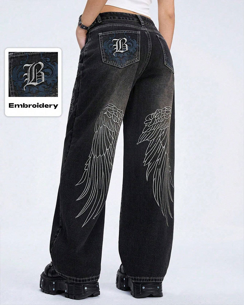 Vibecurve® Grunge Punk Denim Boyfriend Low-Rise Wide-Leg Jeans