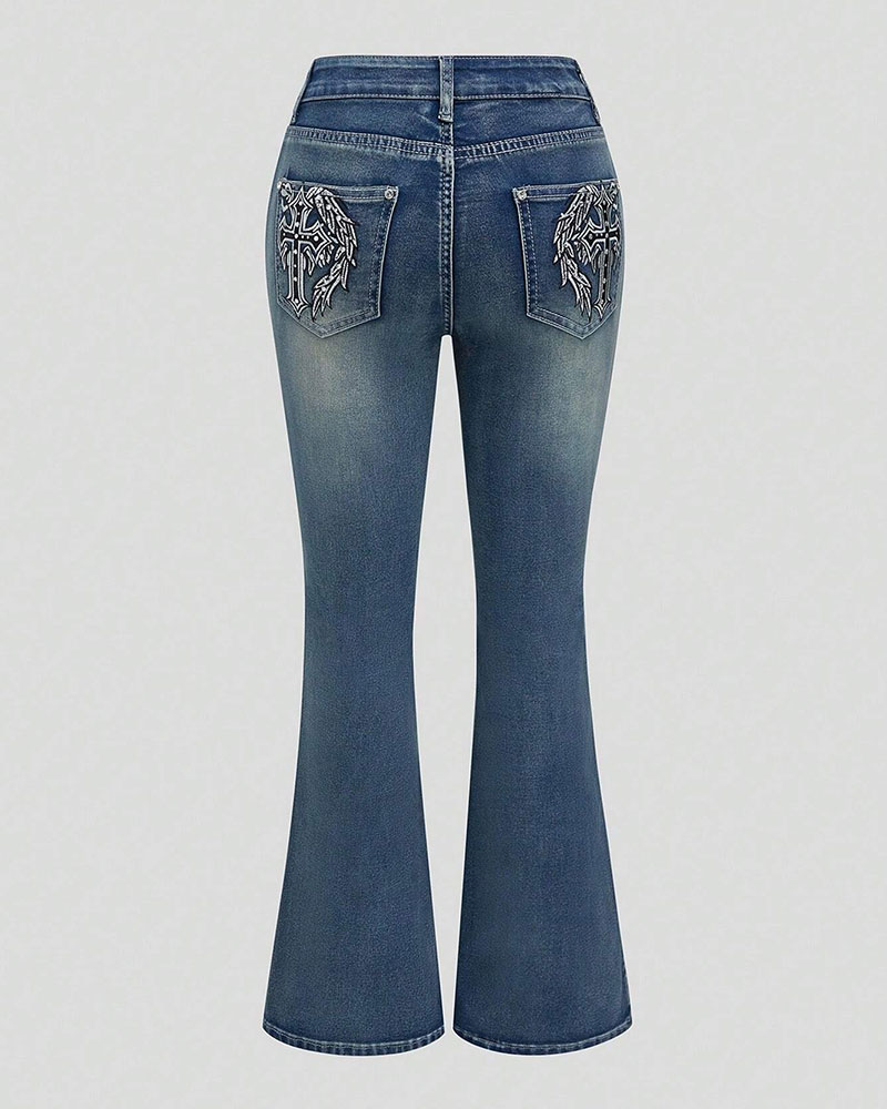 Vibecurve® Grunge Punk Women's Jeans with Cross and Wings Print