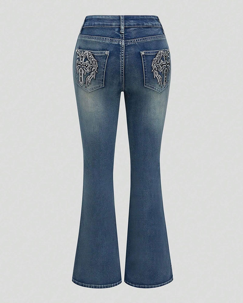 Vibecurve® Grunge Punk Women's Jeans with Cross and Wings Print