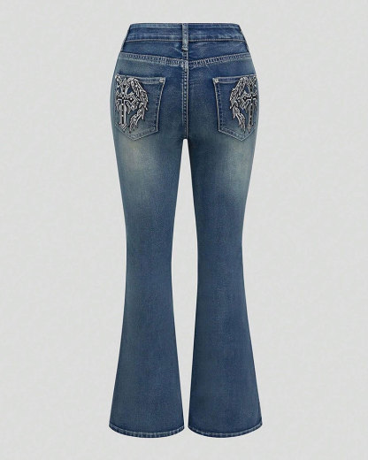 Vibecurve® Grunge Punk Women's Jeans with Cross and Wings Print